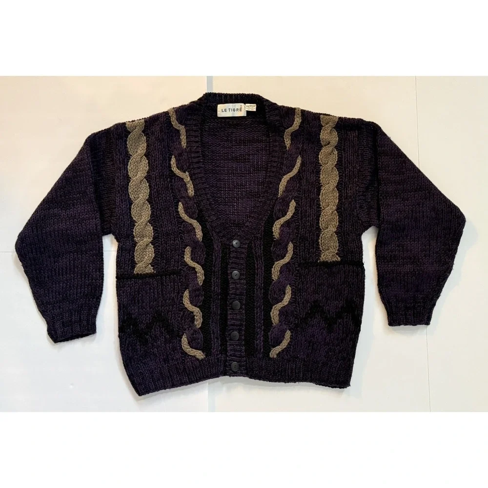Vintage Le Tigre Cardigan Purple and Brown XL Chunky Knit Cosby Grandpacore